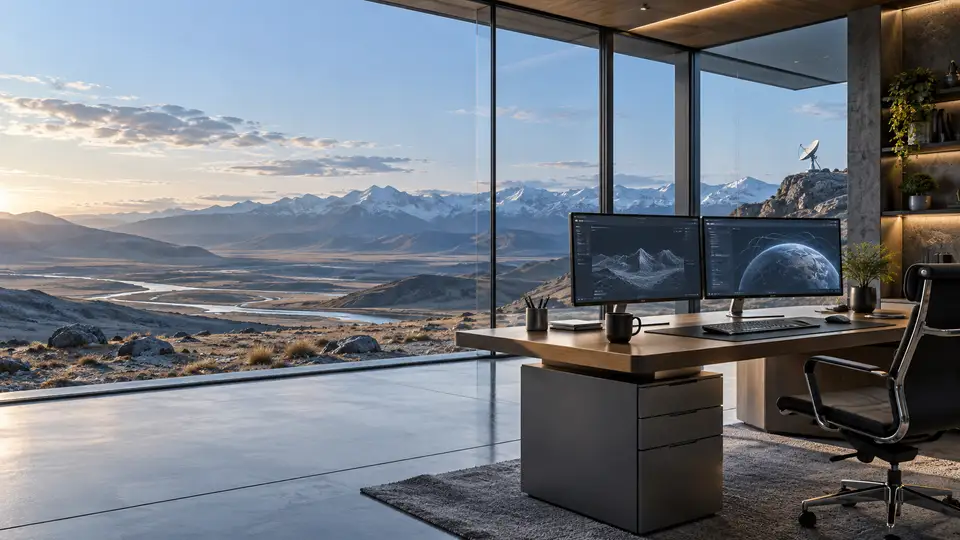 Illustrative mountain landscape viewed from a workspace. Not a company office.